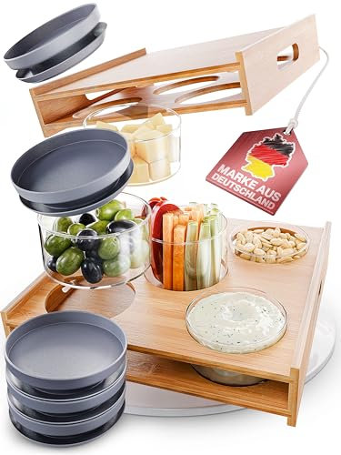 HATTY HAYS Holztablett inkl. Vorratsgläser mit Deckel [4x 160ml & 1x 500ml] aus Glas und Bambus | Küchenorganisation, Couchbar & Servierplatte Snackteller mit Deckel | ideale Tapas Schalen, Dipschalen