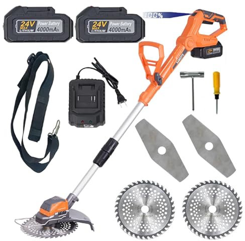 Metal Blade Cordless Strimmer 24V Electric Grass Trimmer Brushless Garden Strimmers Powerful Brush Cutter Cordless with 2X4.0Ah Batteries and 2 Types of Blades for Lawn Farmland