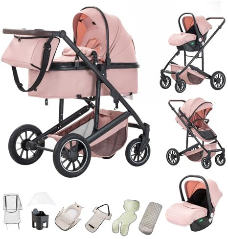 Kakbgee Kinderwagen 3 in 1, Kombi-Kinderwagen mit ECE R129-Autositz, höhenverstellbarer Griff, Buggy mit hohem Aluminiumrahmen für Neugeborene