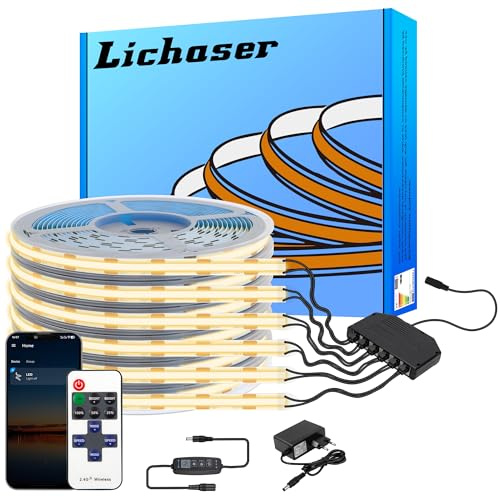 Lichaser - 6.5m COB LED Strip Light, 6 Rolls 3000K COB LED Flexible Strip Light for Acoustic Panel and Wooden Slatted Wall Panels, Parallel with Adjustable Touch Sensor Switch