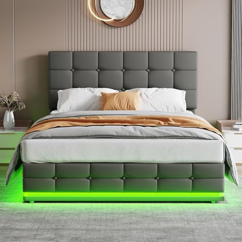 LED Ottoman Storage Bed Frame with Remote Controlled 16 RGB Light Settings, PU Leather Upholstered Platform Bed with Adjustable Headboard & Gas Lift Under Bed Storage, Double 4FT6 Bed Frame (Grey)
