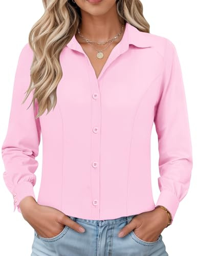 IECCP Camicia da donna a maniche lunghe slim fit formale abbottonatura giù camicetta senza pieghe stretch lavoro ufficio casual top 2025, rosa, M