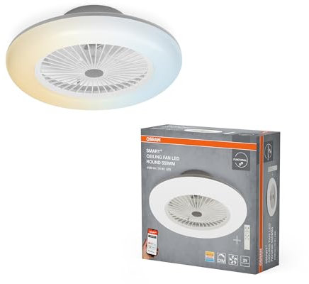 Osram Ventilateur de plafond WiFi avec éclairage LED, couleur de lumière blanc chaud à blanc lumière du jour, 3000 lumens, contrôle par application et télécommande, variable, blanc