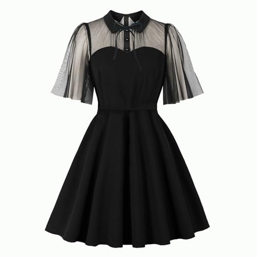 Wellwits Women's Mesh Illusion Short Vintage Cocktail Dress | Flare Sleeves,Stretchy Fabric,Above Knee Length,Gothic Style,Halloween Costume,Party