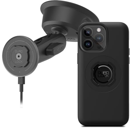 Quad Lock Robuste Saugnapfhalterung für das Auto mit MAG Handyhülle und kabellosem MAG Ladekopf für iPhone 14 Pro Max