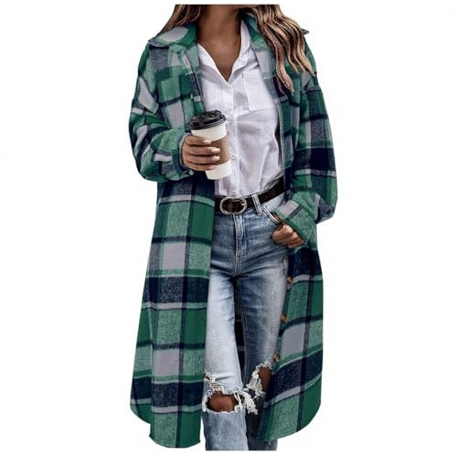 XBNEGBA Karierte Bluse Damen Lang Flanell Button Down Jacken Casual Langarmshirts V-Ausschnitt Karohemd Knopfleiste Lockere Hemdbluse Baumwolle Tunika Hemd Oberteile S-XXL