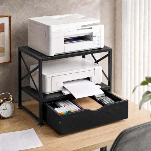Panana 2 Tier Desktop Printer Stand, Printer Table with Storage Drawer | Multi-purpose Wooden Desk Organizer for Fax Machine,Scanner, Home Office, 44 x 29 x 34cm, Black