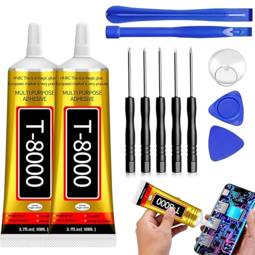 T8000 Handy Display Kleber 2x 50ml, Professioneller t8000 display kleber mit 11-tlg Reparatursatz, für Bastel Schuh Glas Stoff Textilien Rhinestone Schmuck