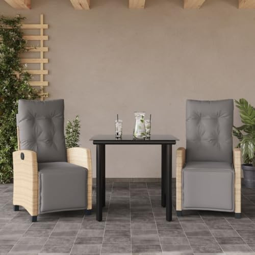 Owoxanthellate Garten-Essgruppe 3-teilig 80 x 80 cm Beigemischung Poly Rattan verstellbare Gartensessel mit Kissen Glas-Tisch Modernes Design wetterfest für Balkon Terrasse und Garten
