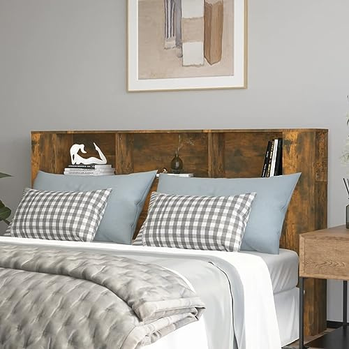 Owoxanthellate Tall Headboard Cabinet in Smoked Oak 180x18.5x104.5 cm Engineered Wood Wall Bed Headboard with 3 Compartments Modern Bedroom Storage Unit for Large Double Beds