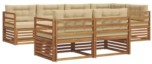 vidaXL Outdoor-Sofagarnitur mit Kissen 7 pcs Natur und Beige, Balkonsofa, modernes Eckmöbel, robuster Lounge, Terrassen-Sitzgruppe, bequemer Gartenstuhl