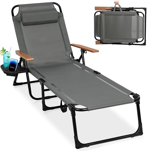 KaO0YaN Sonnenliege Klappbar mit Armlehne und Verstellbarer Rückenlehne, Liegestuhl Balkon mit Getränkehalter, belastbarkeit 150 kg, Outdoor Liege für Garten, Balkon & Strand