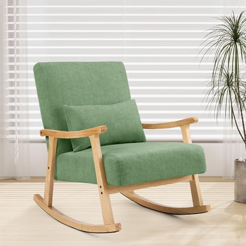 XH.Easy Go Schaukelstuhl, Schaukelsessel mit Lendenkissen, Stillsessel für Babyzimmer und Erwachsene, Stillstuhl mit Massivholzgestell, Rocking Chair für Wohnzimmer und Schlafzimmer, Grün