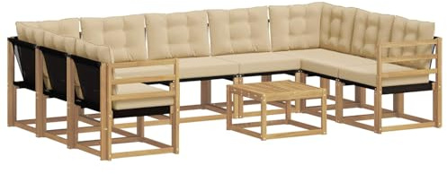 vidaXL Outdoor-Sofagarnitur mit Kissen 10 pcs Weiß und Beige, Moderne Gartenmöbel, Akazienholz-Sofa, Textilene-Rücken, strapazierfähige Sitzmöbel, Bequeme Liegeplätze
