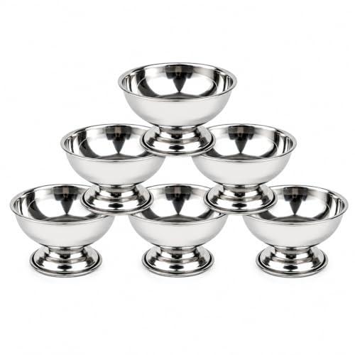 RSK Goods Stainless Steel Ice Cream Dessert Bowls Set – 5 Oz Footed Sundae Cups for Gelato, Kulfi, Pudding & Fruit Salad – Mirror Finish Metal Serving Bowls – 240ml (Pack of 6)