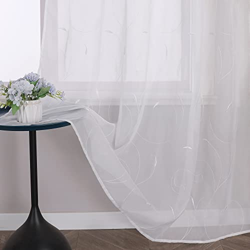 Yujiao Mao 1er-Pack Stickerei Gardine in Blätter Muster Wohnzimmer Schlafzimmer Mordern Vorhänge mit Schlaufen Transparent Gardinenschal BxH 140x145cm Weiß