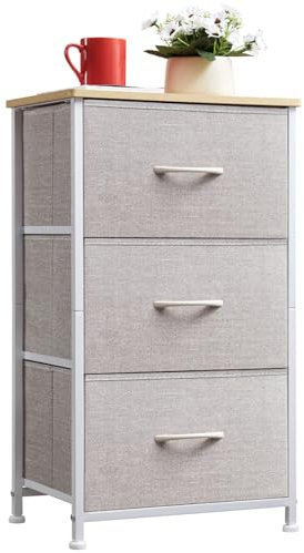 Somdot Kommode mit 3 Schubladen aus Stoff, Sideboard mit Holzplatte, Schrank für Wohnzimmer Flur, Komodenschrank, Küchenschrank, Schlafzimmerschrank, Aufbewahrungsschrank, Ashgrau