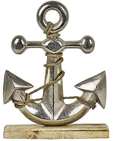 MACOSA HM25286300 - Ancla decorativa con base de metal y madera (33 cm, para colocar de pie, plateada)