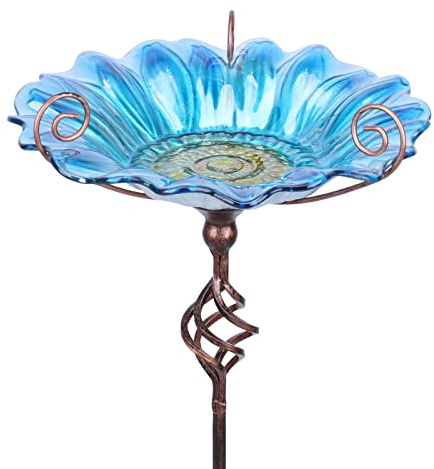 MUMTOP Vogeltränke für den Außenbereich Glas Vogeltränke Vogelhäuschen Schüssel Blumenmuster mit Metallpfahl für Gartendekoration (blau)