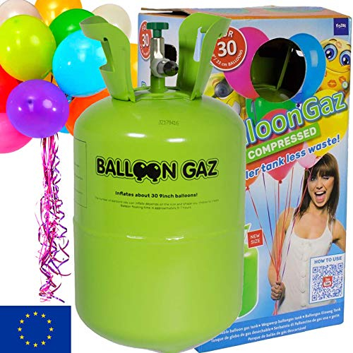 BALLONGAS FÜR 30 LUFTBALLONS + 25 BALLONS + FÜLLVENTIL + 25 ÖKO-BALLONSCHNUR | Helium Einweg Flasche Luftballon Folienballon Deko Geburtstag Party Hochzeit