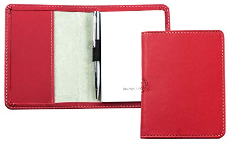 DELMON VARONE - Personalisierbares Notizblock Etui DIN A7 aus „EcoAppleLeather“ in Rot, Recycling Öko Apfelleder Taschen Memoblock mit Mini Kugelschreiber, Stiftschlaufe, Einschubfach & Notizblöcke