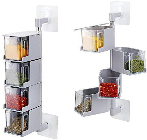 Taylor & Brown 4 Layer Creative Adhesive Wall Hanging Rotary Seasoning Box Condiment Storage Container Kitchen with Spoon Pepper Sugar Spice Jar Rack Food, Grey