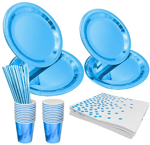 Partyzubehör Pappteller Set, 99 Stück Partygeschirr, Papier Teller Tassen Servietten Strohhalme für Geburtstag Deko Babyparty Deko Pappteller Kindergeburtstag Set für Partys, Dunkelblau Partyteller