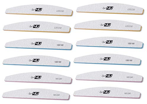 12 Pack Professional Nail Files Half Moon Double-Sided Set of Diffrent Grits 120/150, 100/180, 180/240 Emery Board Manicure Tools For Nail Grooming and Styling