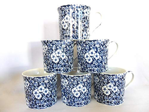 Heron Cross Pottery Abbeydale Collection Set of 6 China Palace Mugs in Blue Calico Design