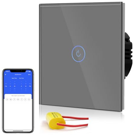 BSEED Interrupteur à Touche Intelligente WIFI 2.4G (Fil Neutre Non Requis) Interrupteur Mural avec Panneau en Verre, 1 Gang 1 Voie Gris 86mm