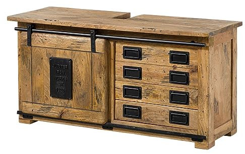 MASSIVMOEBEL24.DE | Railway - massiver Unterschrank Natur, lackiert | aus Mangoholz | 120x40x60 | 2 Fächer + 4 Schubladen - mit Schiebetür | Aufbewahrungsschrank Flurschrank