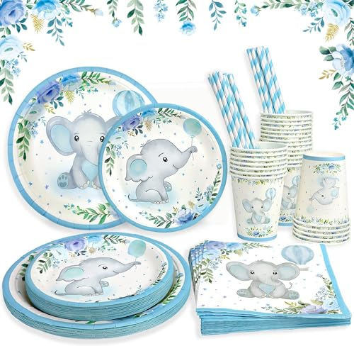 Heboland Decorazioni Baby Shower Stoviglie Ragazzo Kit per 25 Ospiti, 125pcs Baby Shower Boy Stoviglie Compleanno, Piatti, Tazza, Tovaglioli, Paglia per Decorazioni Battesimo Bimbo Compleanno