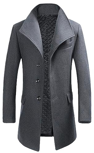 Allthemen Mens Winter Wool Trench Coat Mid Length Slim Fit Casual Stand Collar Overcoat 1501# Light Grey XL