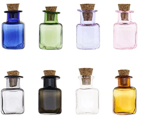 eMagTech 8 Stück Mini-Glasflaschen Mehrfarbige Glasgefäße Rechteckige Wunschflaschen mit Korkstopfen Parfümflaschen für DIY-Bastelarbeiten Hochzeitsdekoration 23,5 x 14 mm
