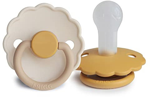 FRIGG Daisy Silikon Schnuller | Schnuller 2 Packung | Symmetrischer Sauger in Kirschform | BPA-frei | Hergestellt in Dänemark | Silikon Schnuller | (Chamomile/Honey Gold, Größe 2 (6-18 Monate))