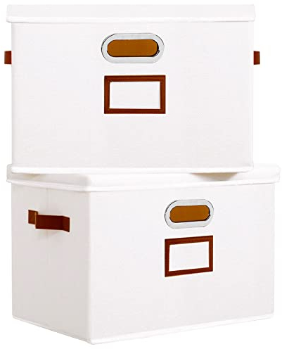OUTBROS Aufbewahrungsbox mit Deckel und Griff, Faltbarer Stoffboxen mit Etikettentasche, Boxen Aufbewahrung für Kleidung, Bücher, 45 x 30 x 30 cm Weiß 2 Stück