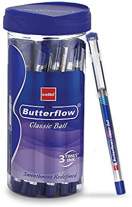 Cello Butterflow Classic Kugelschreiber Set | 20 Stück Kugelschreiber | 20 blaue Tintenfarbstifte | Längeres und glatteres Schreiberlebnis | Für Schule und Büro | Bester Stift für Prüfungen