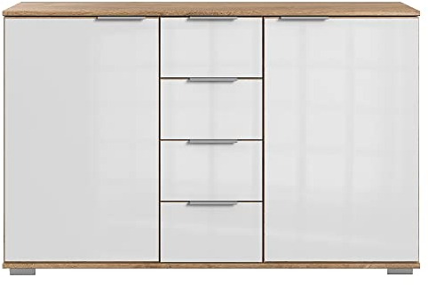 Lomadox Schlafzimmer Sideboard in Plankeneiche Nb. mit weißem Glas, B/H/T ca. 130/83/41 cm