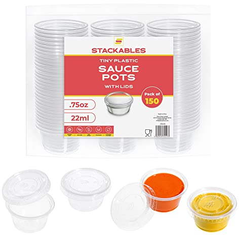 STACKABLES ~ Pack Of 150 Tiny 0.75oz Plastic Food Container Pots with Lids ~ 22ml Reusable Sauce Pot with Lids ~ Take Away small Chutney Ketchup Restaurant Cups