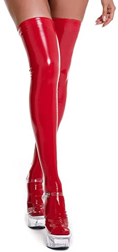 Odizli Latex Strümpfe Lang Damen Lack und Leder Sexy Wetlook Halterlose Overknees Strümpfe Rot Socken L