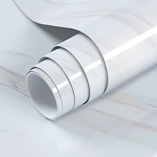 VOLEAAR Glossy White Marble Contact Paper 40 x 200CM Peel and Stick Wallpaper Vinyl Film Self Adhesive Removable Waterproof Wall Paper for Countertop Cabinet Kitchen