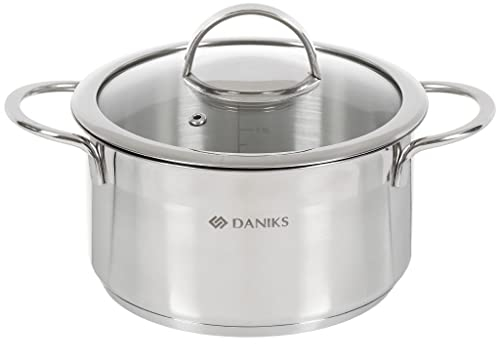 Daniks Bonn Edelstahl Kochtopf | Topf Induktion mit Glasdeckel | 18 cm 2.5 Liter | Nudeltopf Suppentopf Pastatopf | Silber