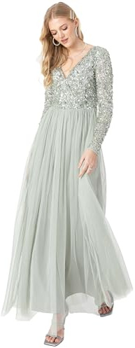 Maya Deluxe Ladies Maxi Dress for Women with Long Sleeves V Neckline Plunging Sequin Embellished for Wedding Guest Bridesmaid Prom Green Lily Size 16