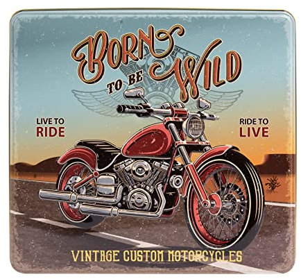 POWERHAUS24 Retro nostalgische Blechdose Born to Be Wild in klassischer Form, Aufbewahrung, Deko, lebensmittelecht, ca. 23 cm x 21,5 cm, 2 Rezepte inklusive
