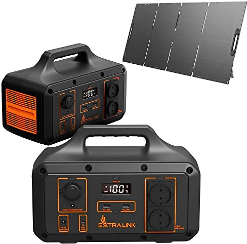 Power station Portatile con pannello solare 510Wh, 800W Generatore elettrico, 2x 230V CA, 2x USB, 1xUSBC 100W, Display LCD, Generatore di corrente portatile con il pannello solare 200W