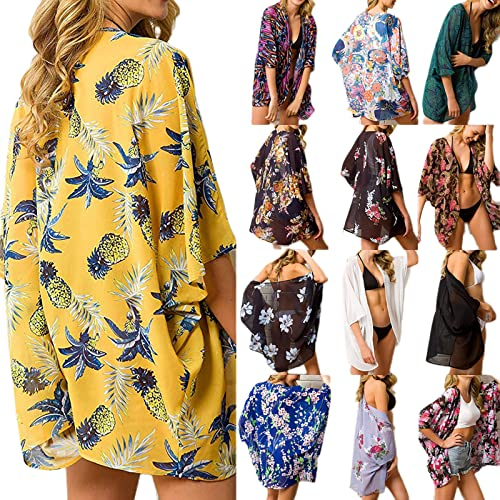 KCatsy Women Pineapple Print Hawaii Pattern Chiffon Sheer Floaty Half Sleeve Kimono Cardigan Loose Cover-Up Bohemian Casual Resort Blouse Tops Beach-Wear C Pineapple Yellow SMW 12