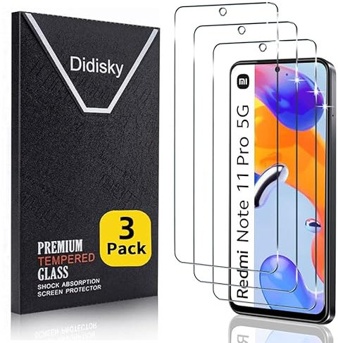 Didisky 3-Unidades Cristal Templado Protector de Pantalla para Xiaomi Redmi Note 11 pro, Antihuellas, Sin Burbujas, Fácil de Limpiar, 9H Dureza,Transparente