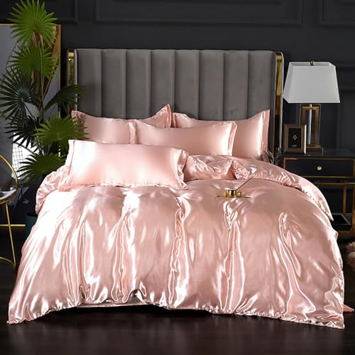 Menkala Satin Bettwäsche 200x220 Rosa Uni Glatt Luxus Seide Aesthetic Seidenbettwäsche Set Einfarbig Glänzend Glanzsatin Sommer Bettbezug und 2 Kissenbezug 80x80cm mit Reißverschluss