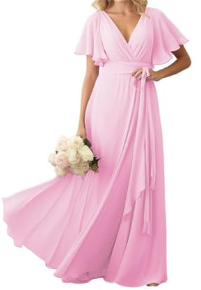 Robes de demoiselle d'honneur avec col en V et fente haute, robe de soirée formelle à manches flottantes, robe de demoiselle d'honneur longue en mousseline de soie pour femme, rose bonbon, 48