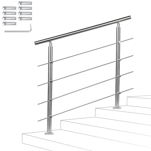 Fiqops Pasamanos de acero inoxidable para escalera exterior e interior 80 cm con 4 travesaños Ø 42 mm con accesorios, ángulo ajustable para escaleras, jardín, entrada de casa